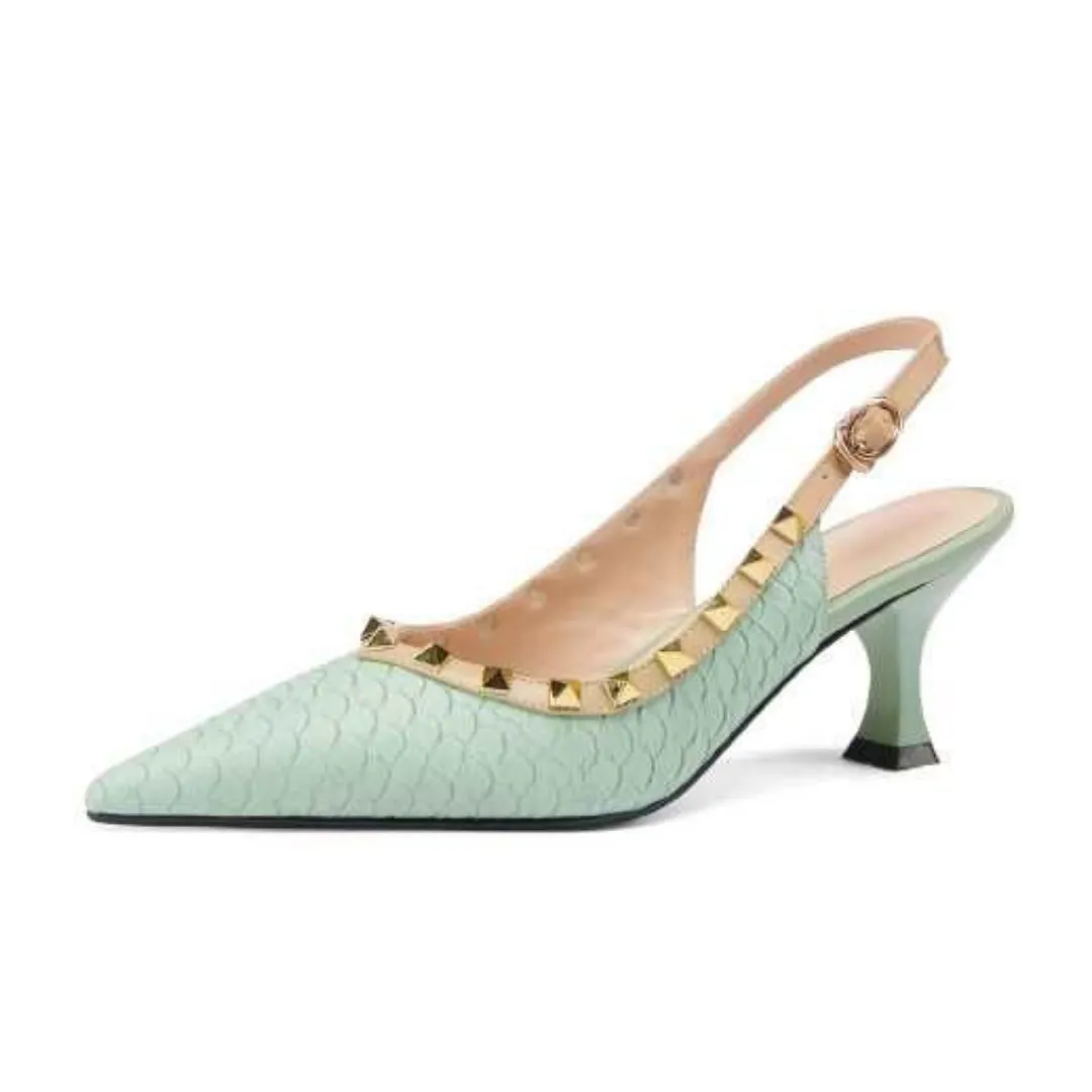 Aimee Women's Pointed Toe Genuine Leather Sandal With Metal Buckle Rivets