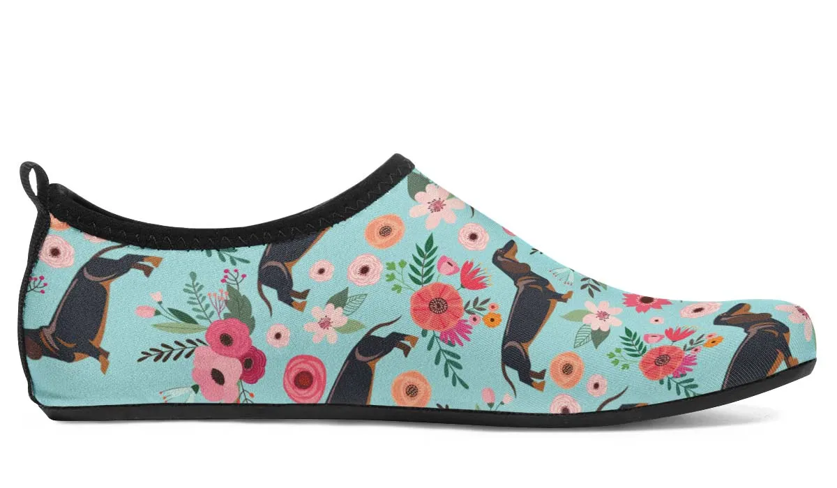 Black Dachshund Flower Aqua Barefoot Shoes