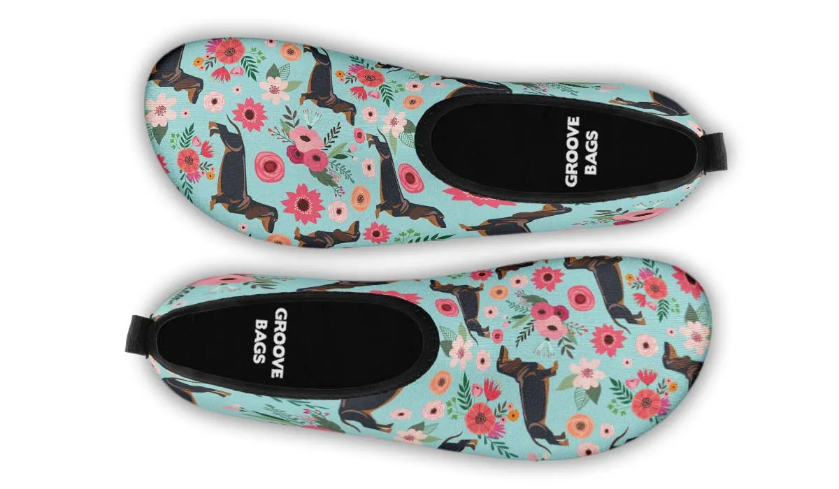 Black Dachshund Flower Aqua Barefoot Shoes