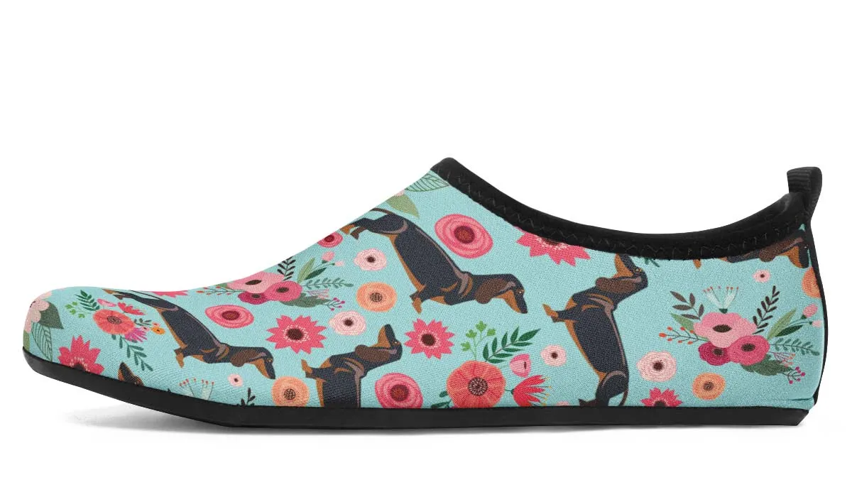 Black Dachshund Flower Aqua Barefoot Shoes