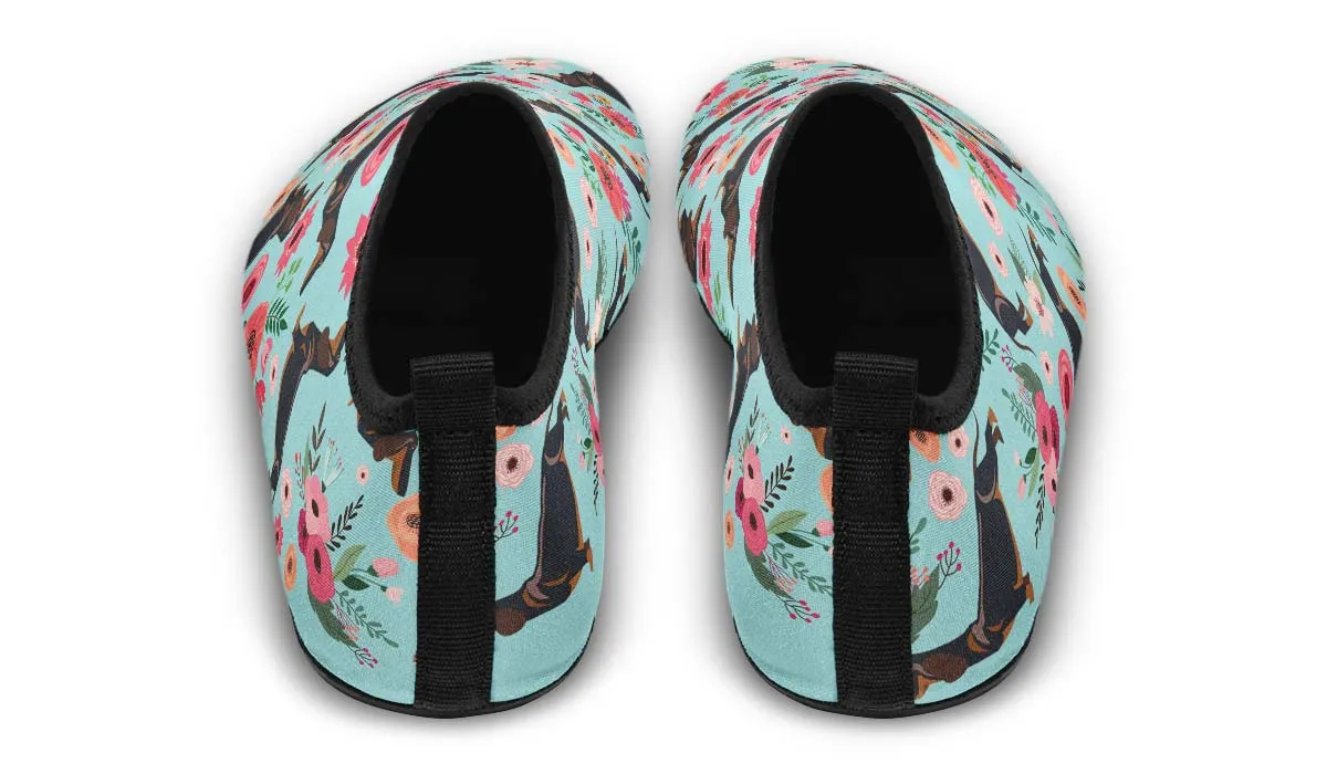 Black Dachshund Flower Aqua Barefoot Shoes