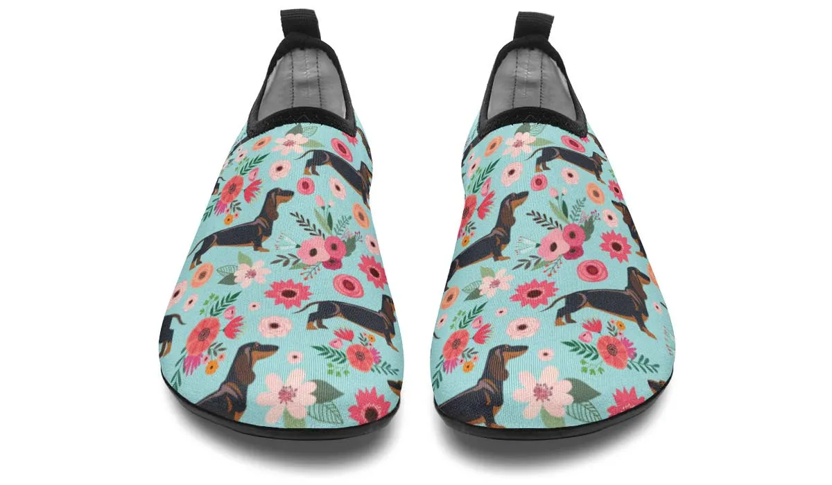 Black Dachshund Flower Aqua Barefoot Shoes