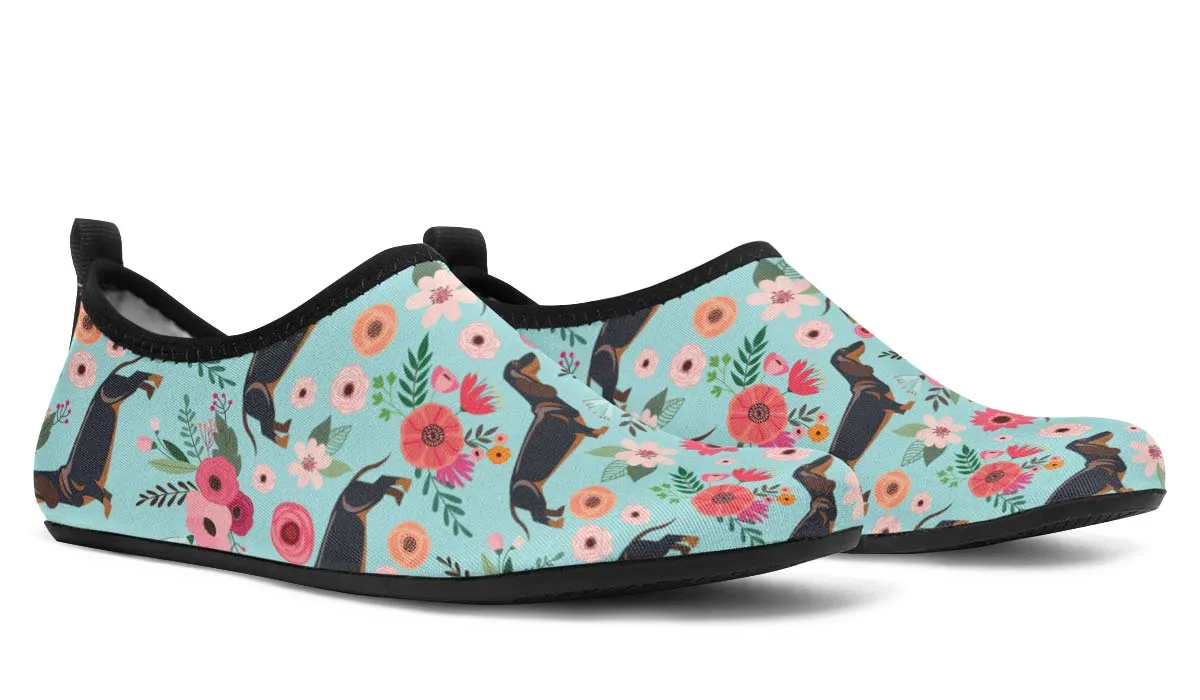 Black Dachshund Flower Aqua Barefoot Shoes