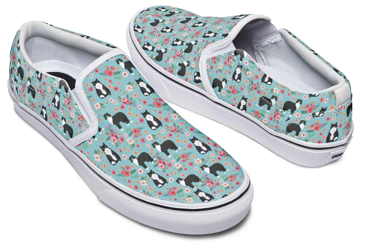 Black White Cat Flower Slip-On Shoes
