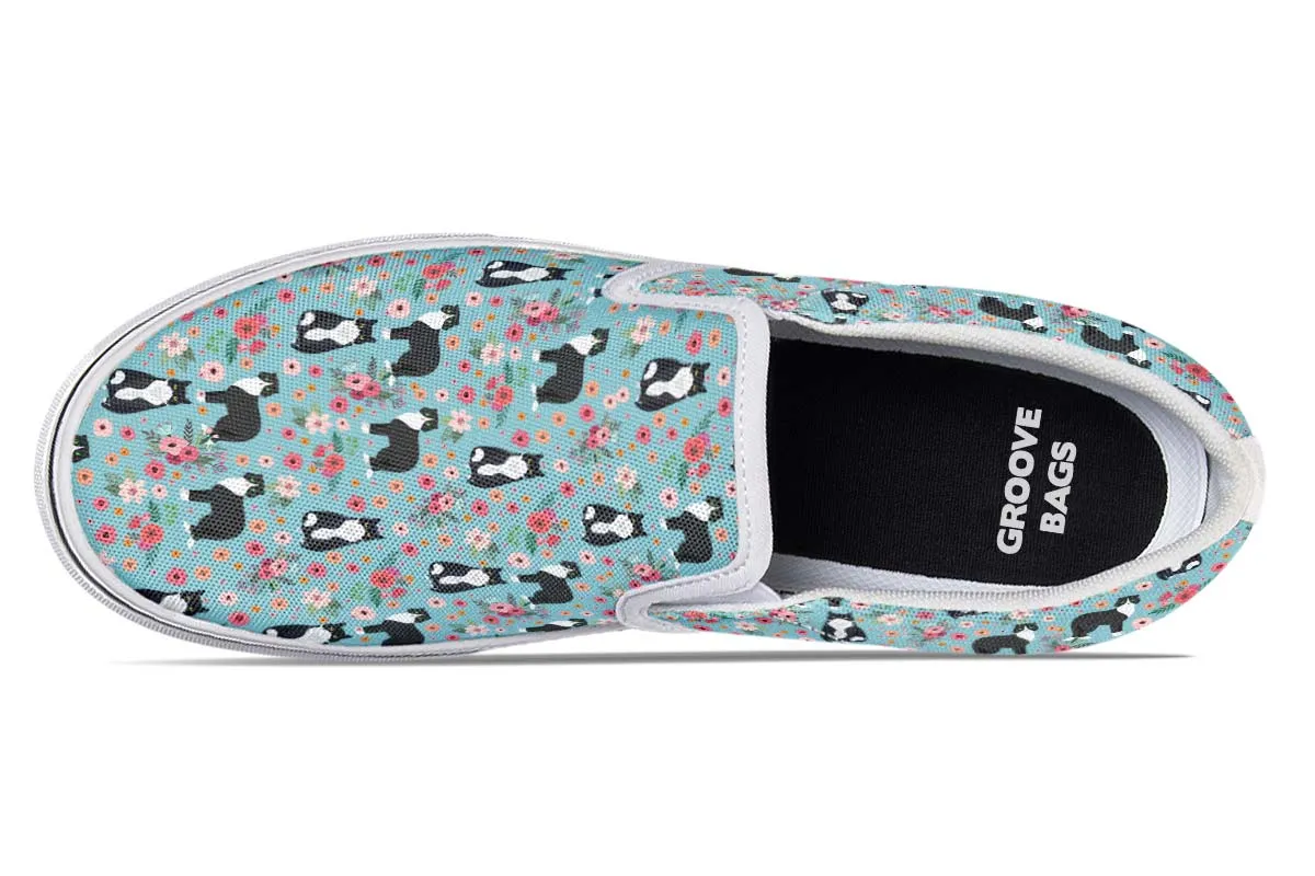 Black White Cat Flower Slip-On Shoes