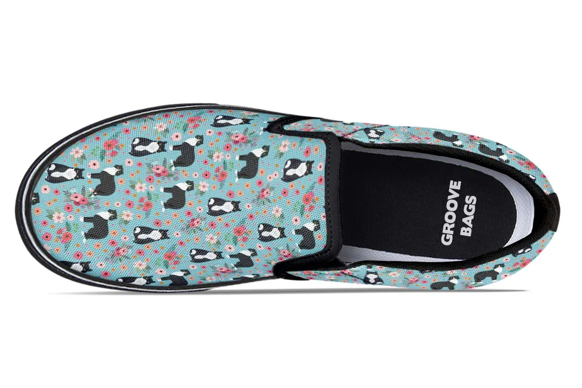 Black White Cat Flower Slip-On Shoes