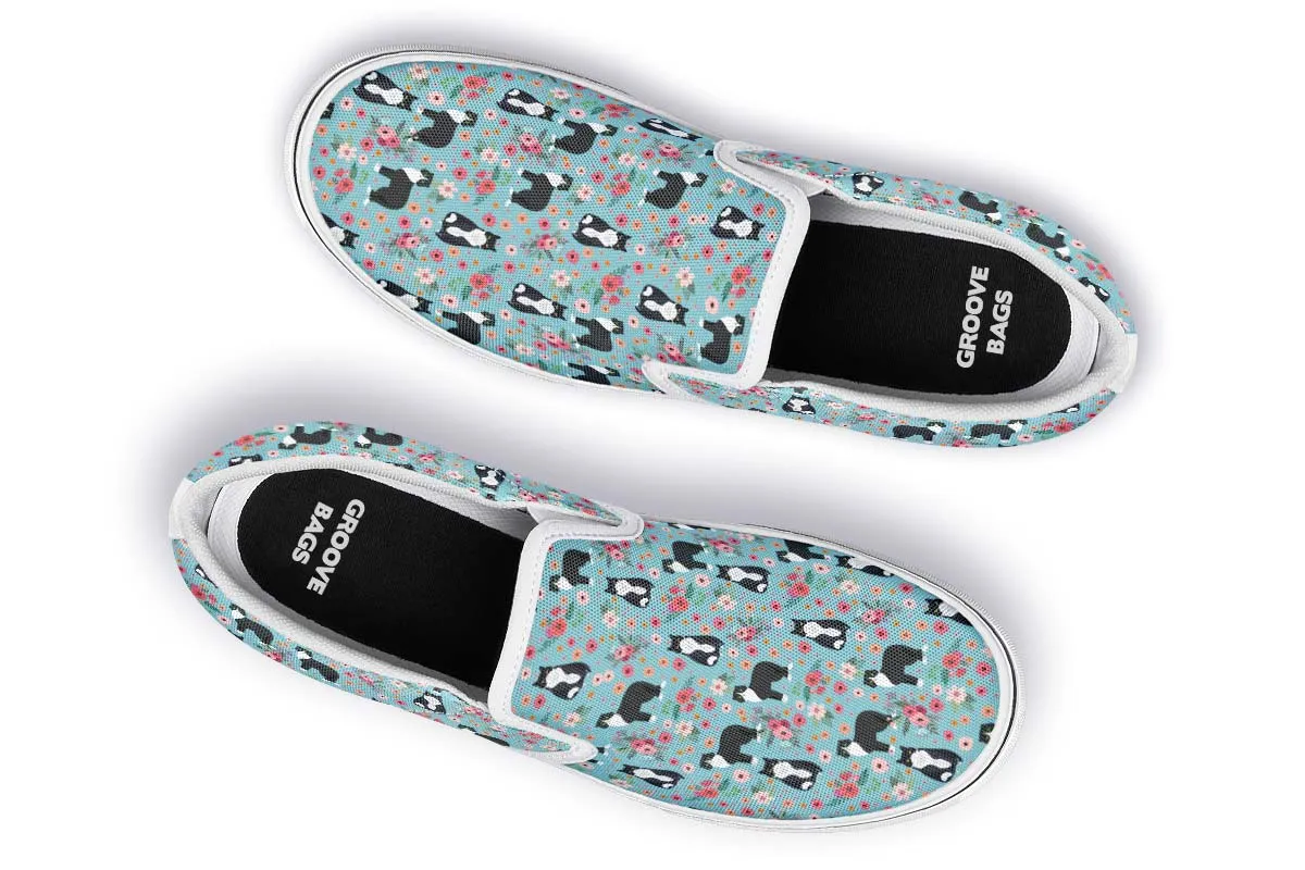 Black White Cat Flower Slip-On Shoes