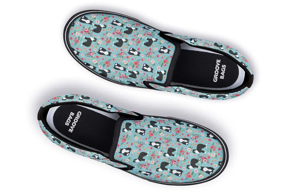 Black White Cat Flower Slip-On Shoes