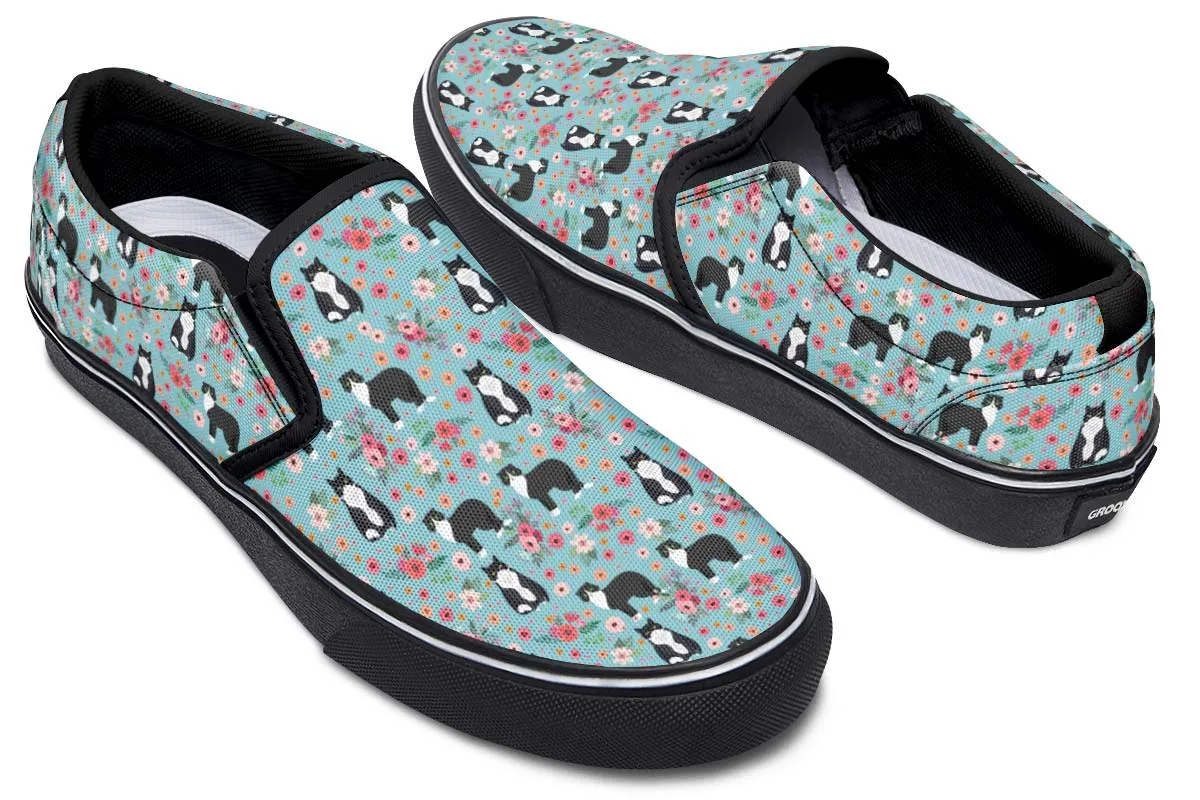 Black White Cat Flower Slip-On Shoes