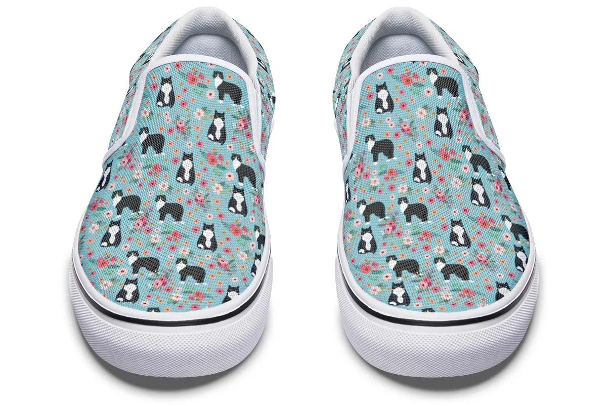Black White Cat Flower Slip-On Shoes
