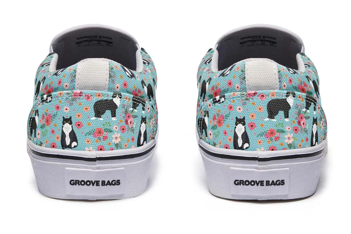 Black White Cat Flower Slip-On Shoes