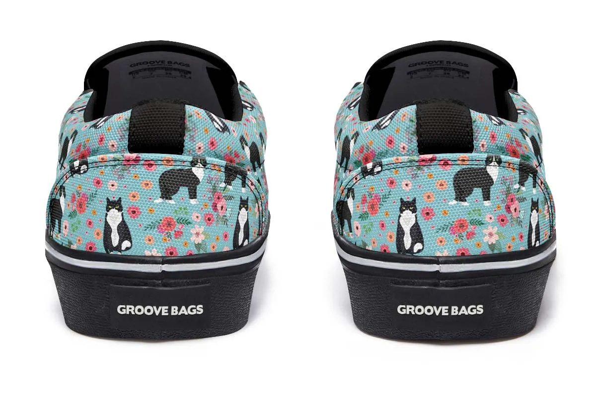 Black White Cat Flower Slip-On Shoes