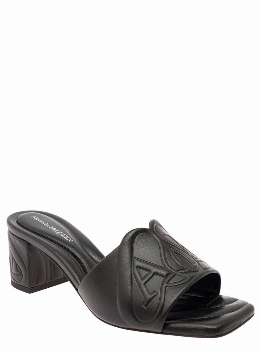 Black Slip-On Sandals With Embossed Logo In Padded Leather