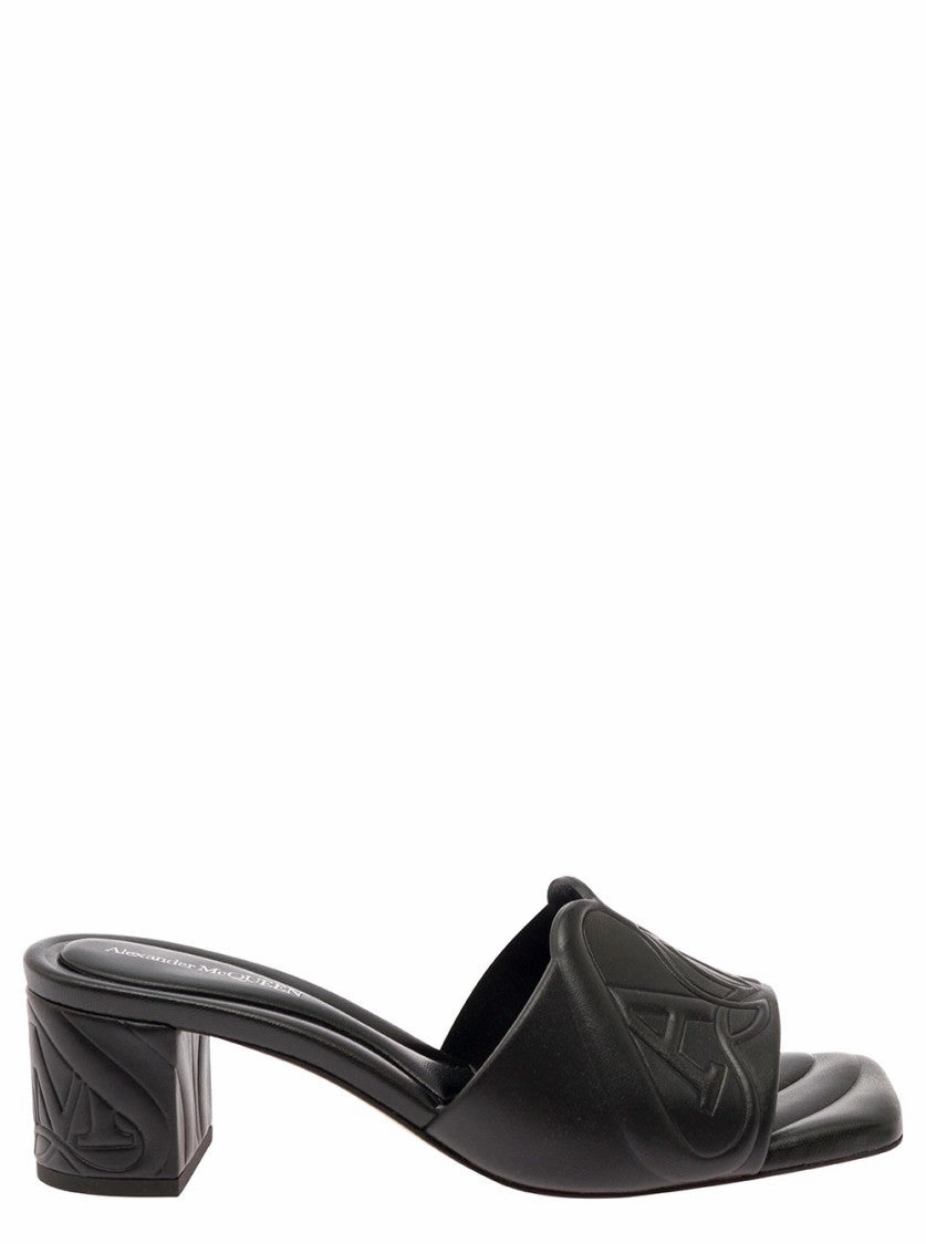 Black Slip-On Sandals With Embossed Logo In Padded Leather