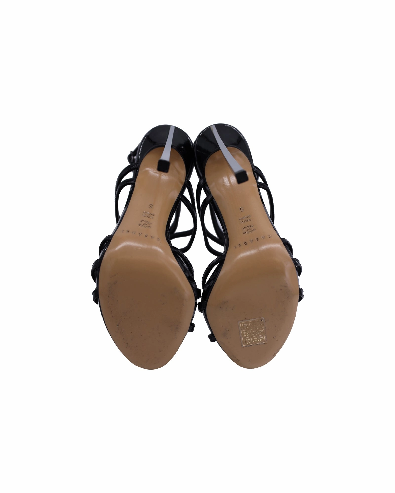 Casadei Blade Heel Strappy Sandals in Black Patent Leather