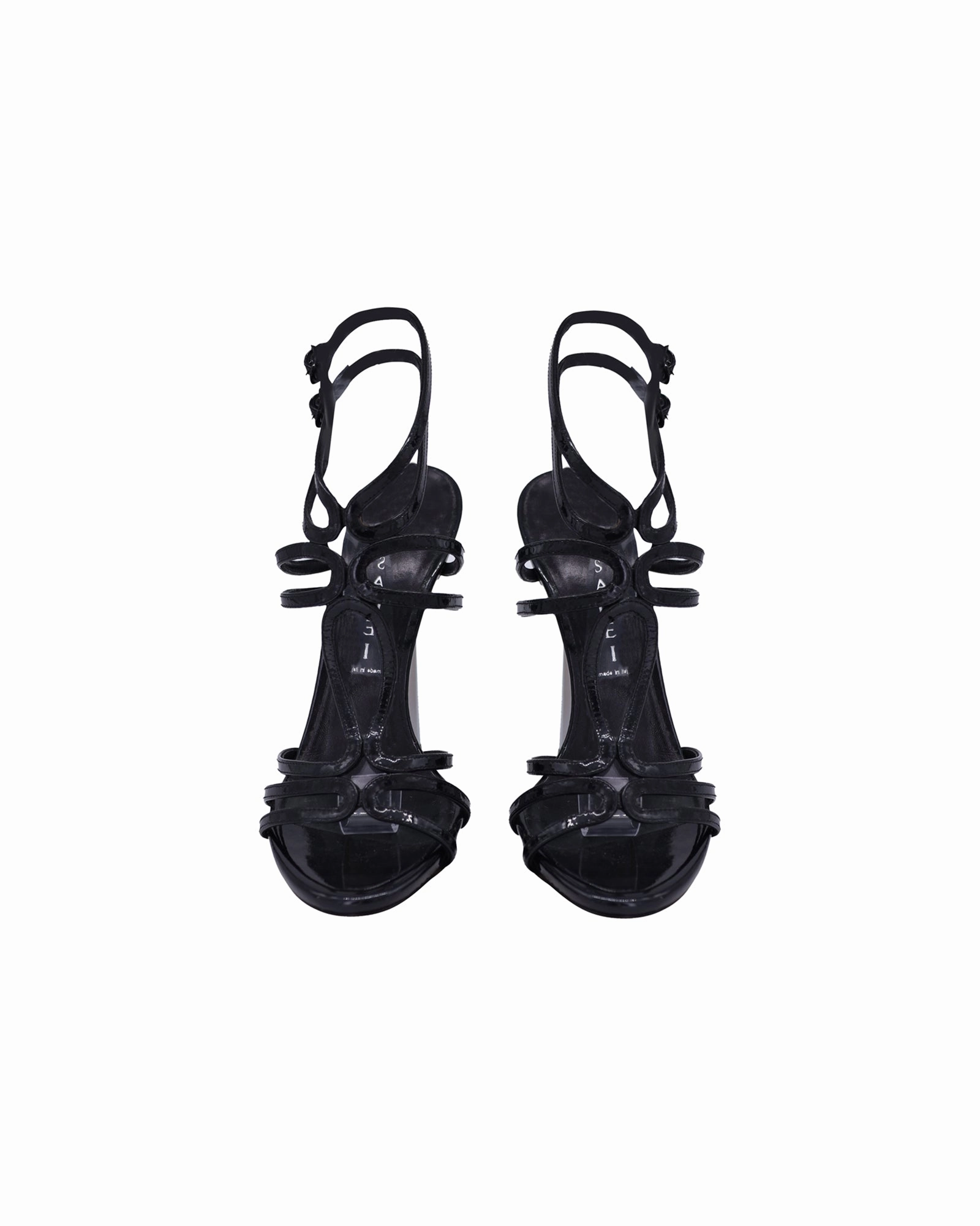 Casadei Blade Heel Strappy Sandals in Black Patent Leather