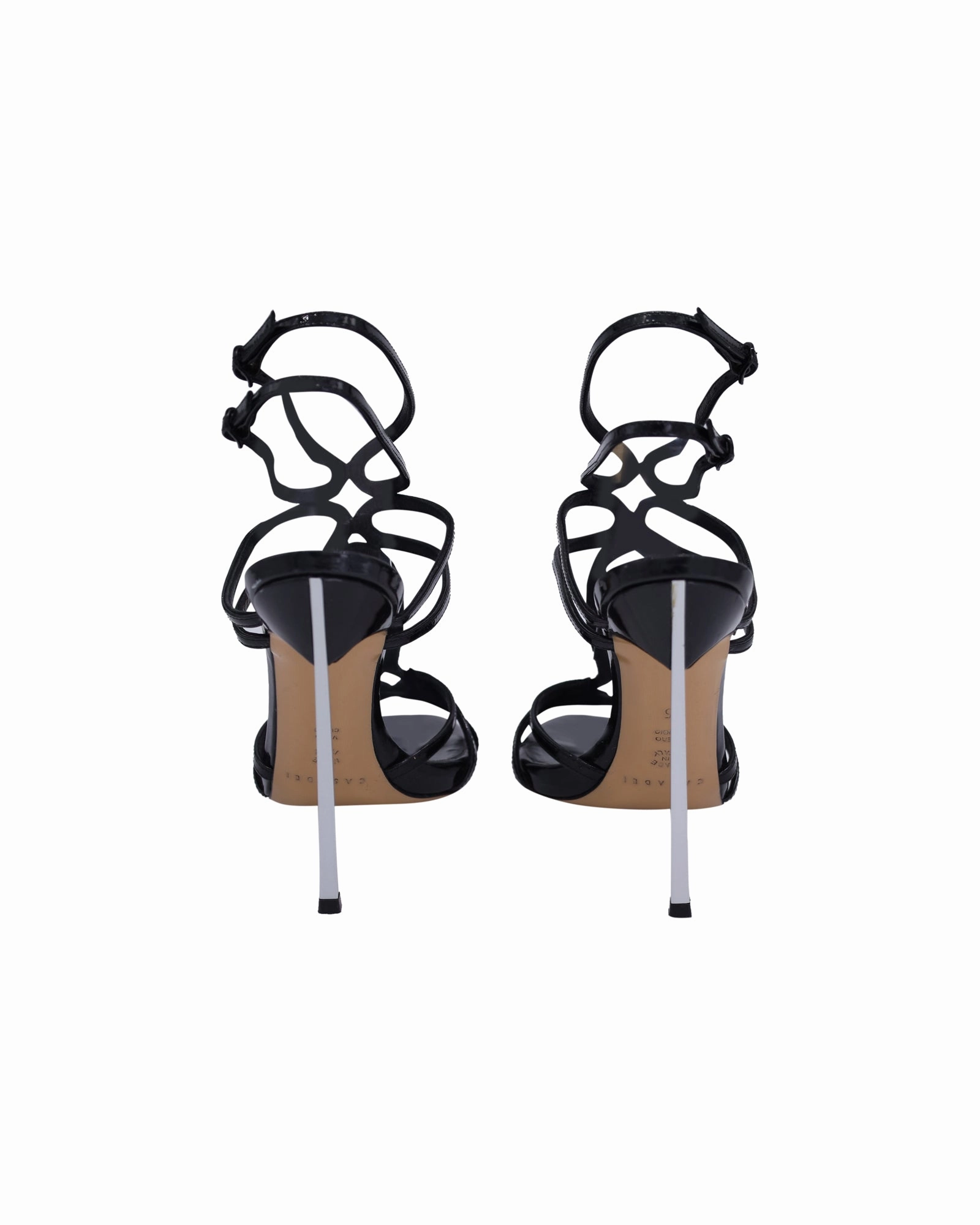 Casadei Blade Heel Strappy Sandals in Black Patent Leather