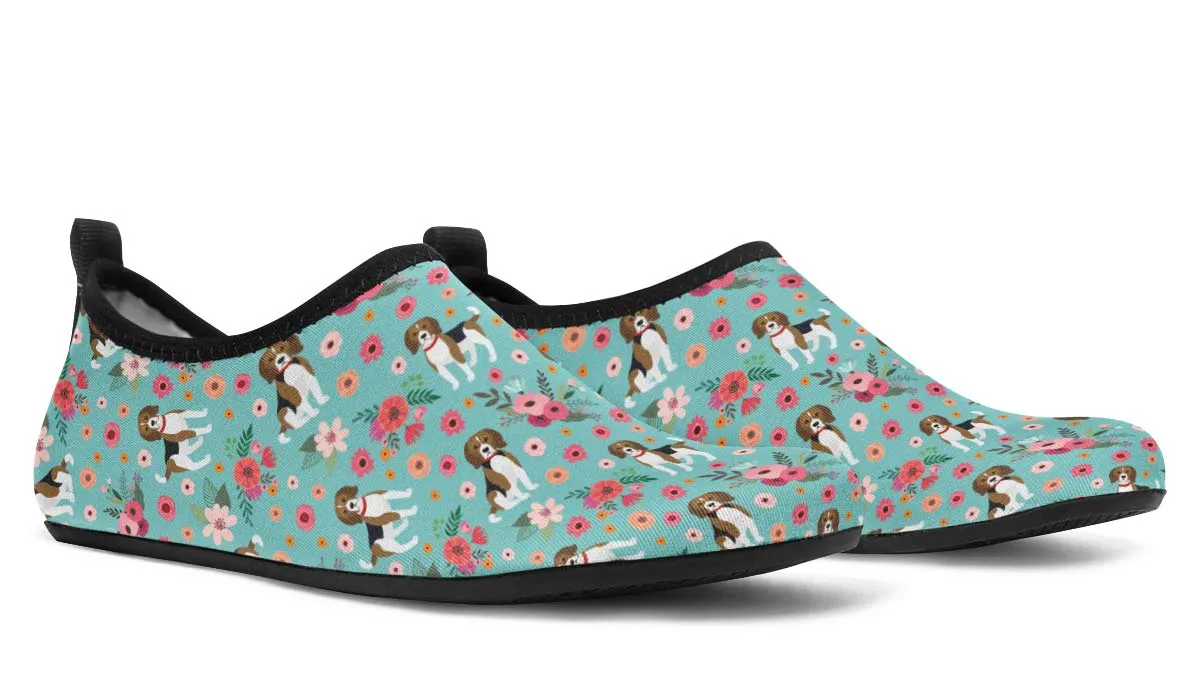 Cute Beagle Flower Aqua Barefoot Shoes