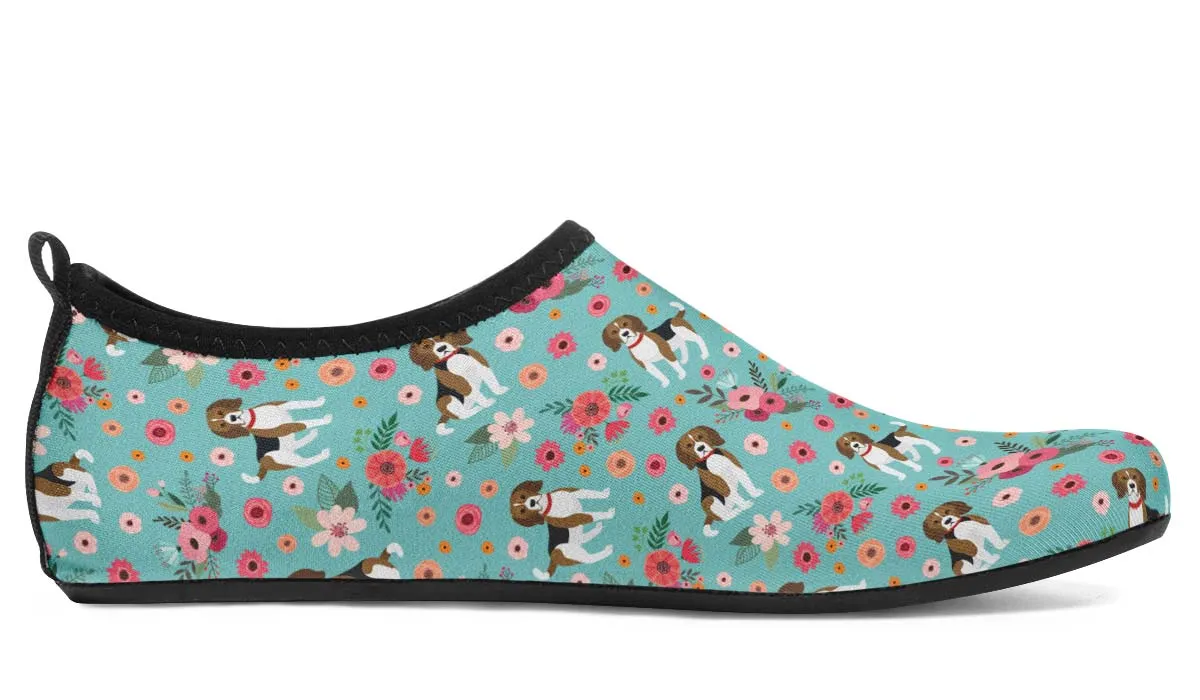 Cute Beagle Flower Aqua Barefoot Shoes
