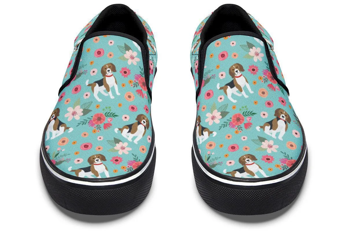 Cute Beagle Flower Slip-On Shoes