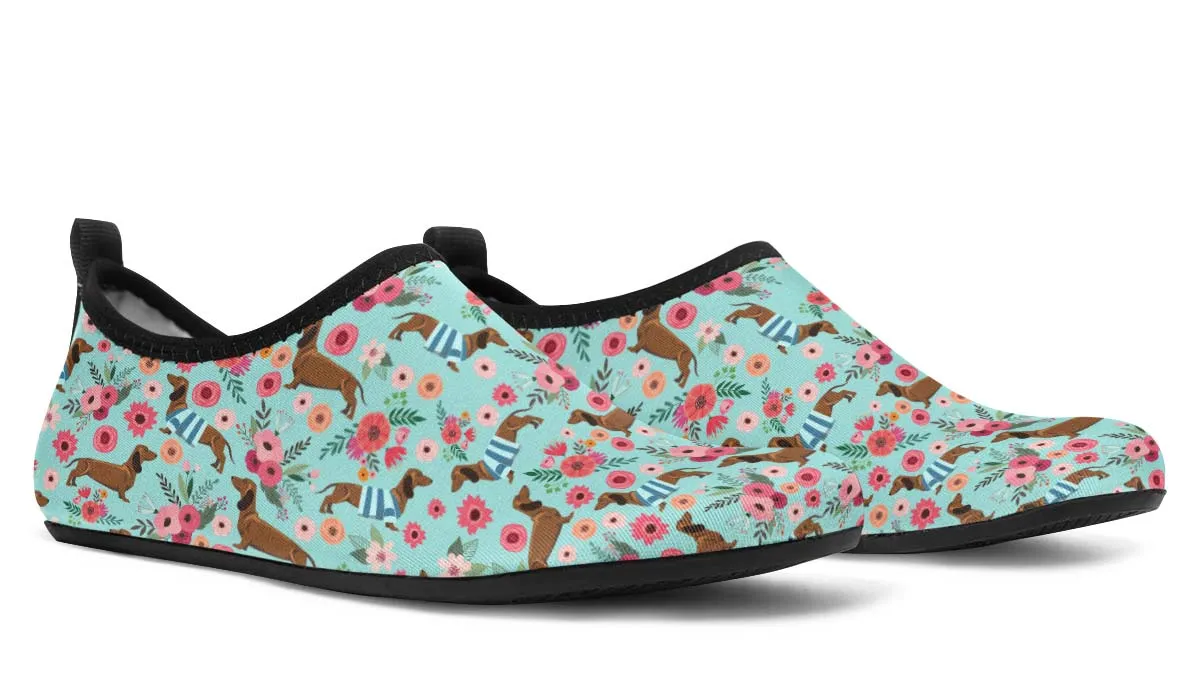 Dachshund Flower Aqua Barefoot Shoes
