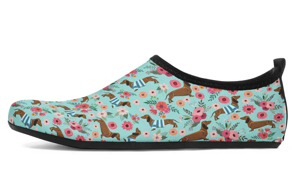 Dachshund Flower Aqua Barefoot Shoes