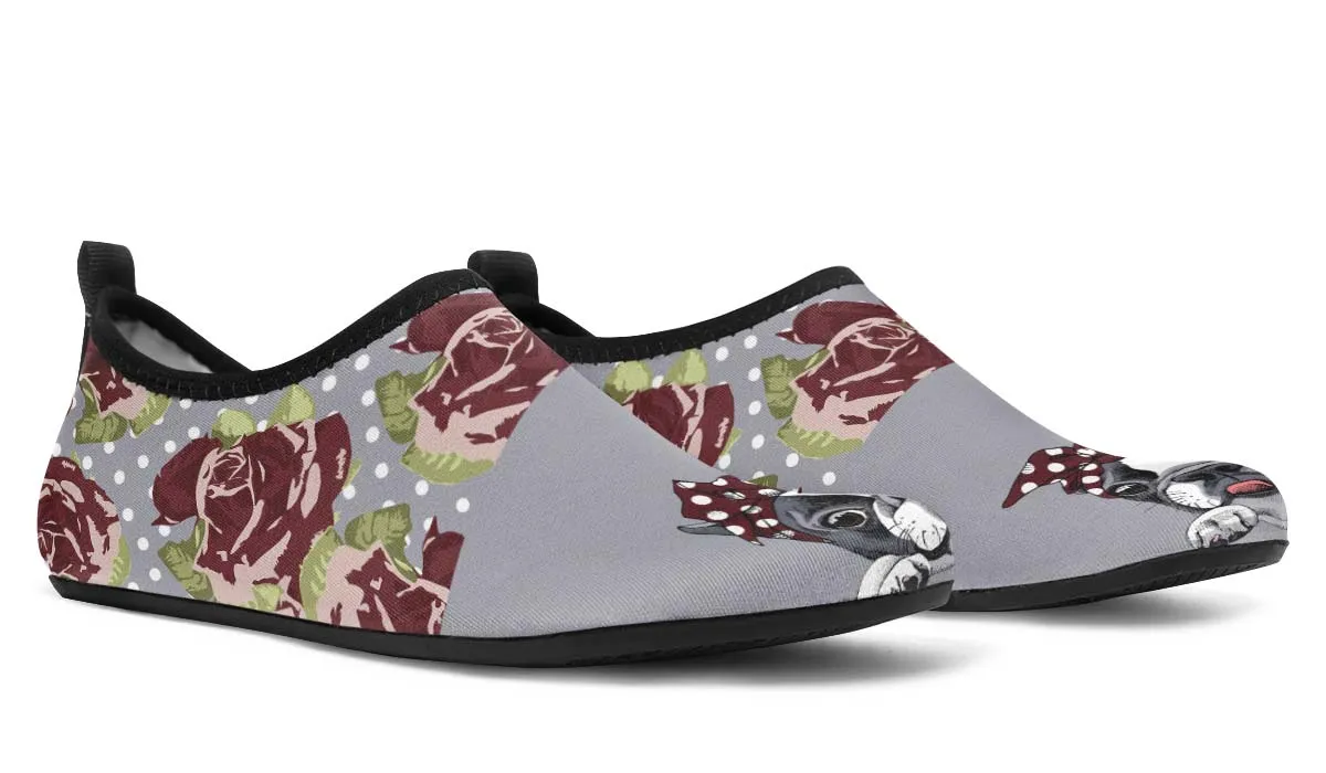 Floral Boston Terrier Dark Red Aqua Barefoot Shoes