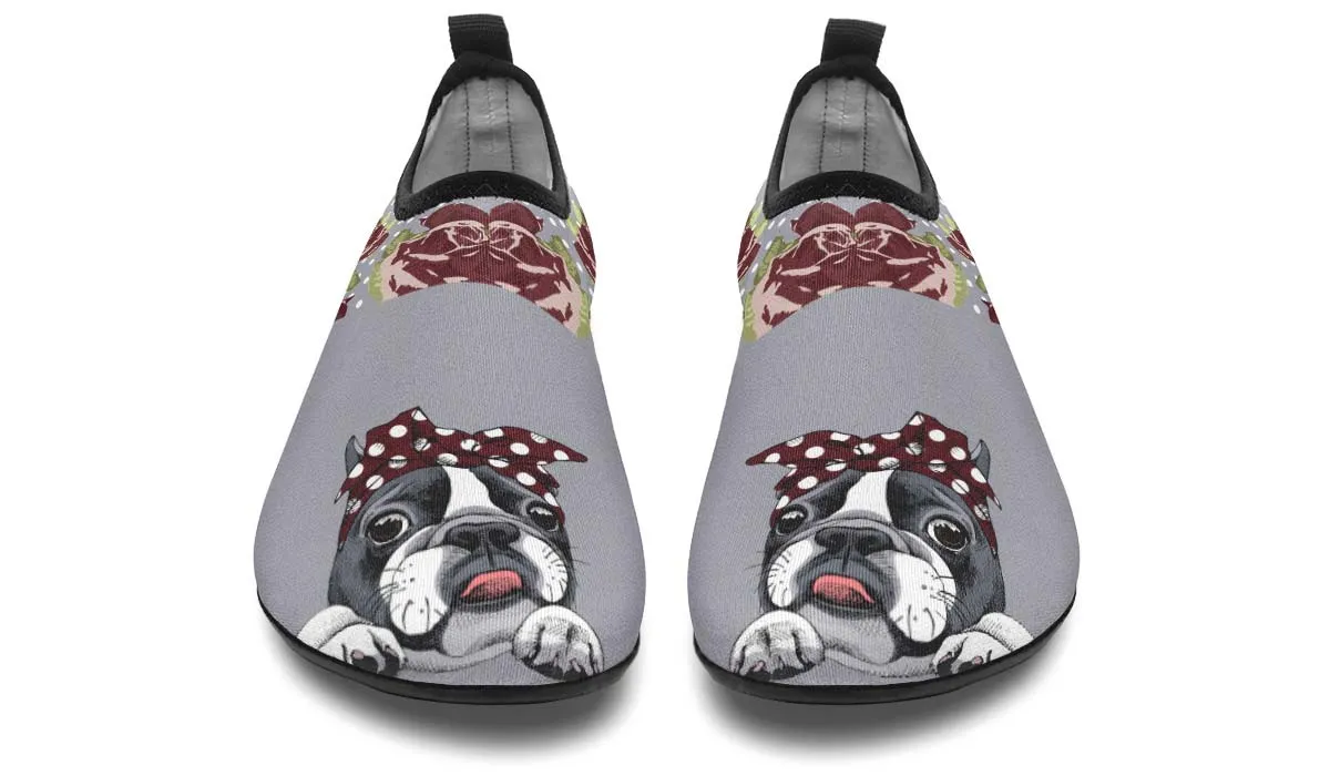 Floral Boston Terrier Dark Red Aqua Barefoot Shoes