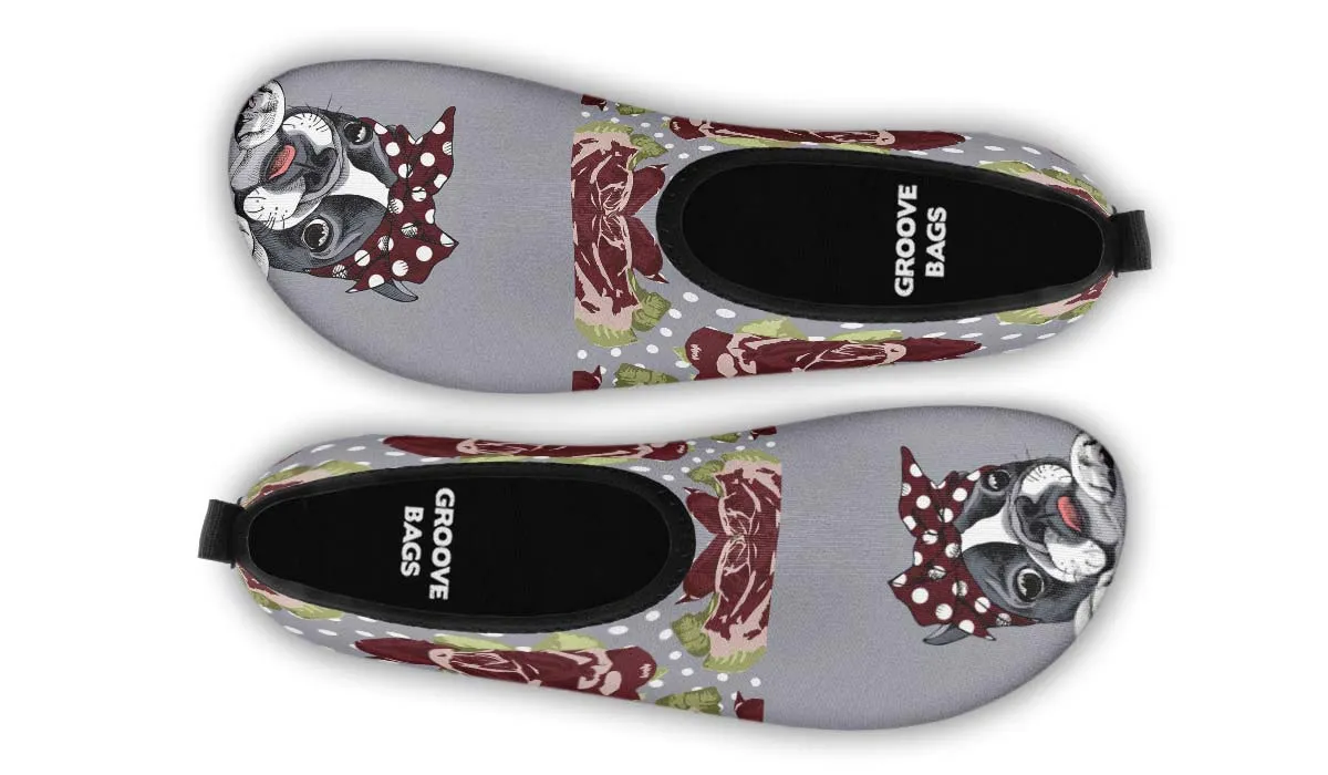 Floral Boston Terrier Dark Red Aqua Barefoot Shoes