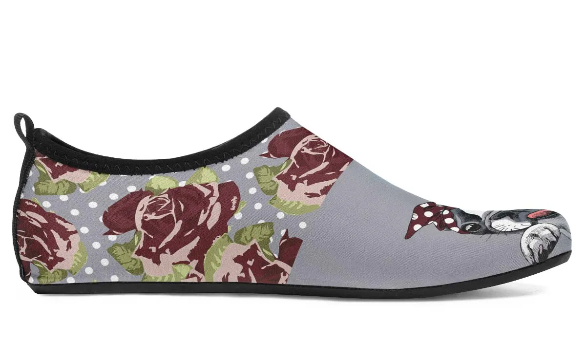Floral Boston Terrier Dark Red Aqua Barefoot Shoes