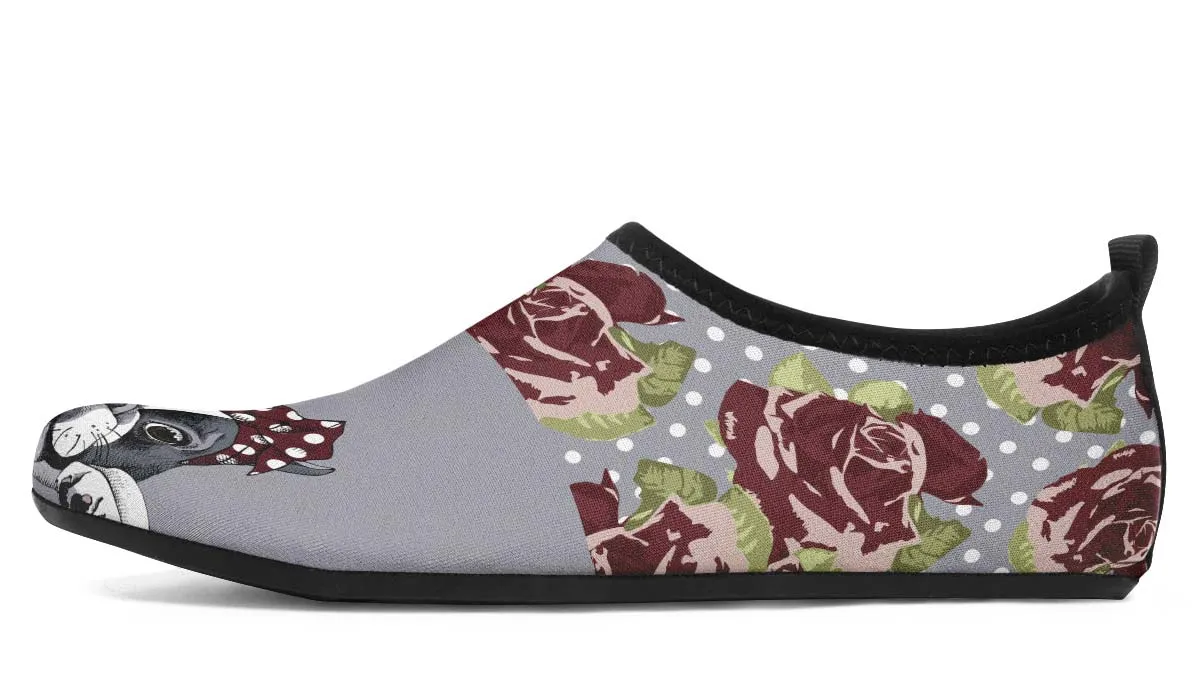 Floral Boston Terrier Dark Red Aqua Barefoot Shoes