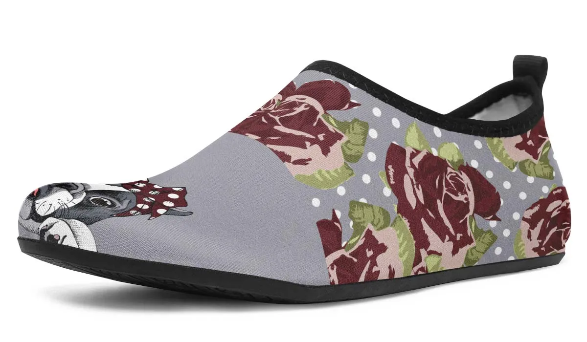 Floral Boston Terrier Dark Red Aqua Barefoot Shoes