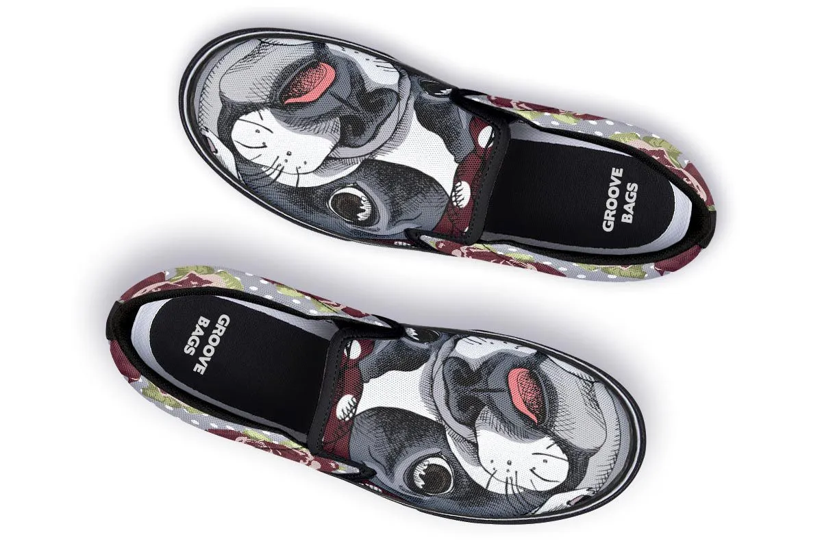 Floral Boston Terrier Dark Red Slip-On Shoes