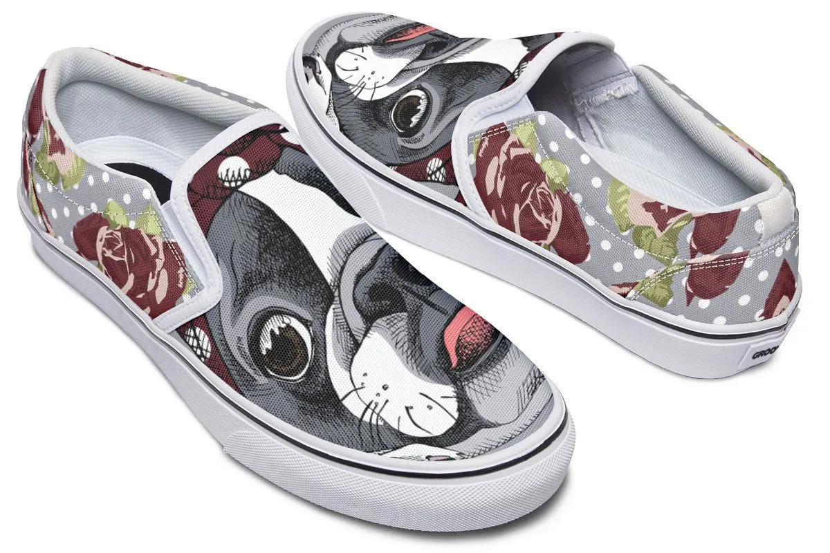 Floral Boston Terrier Dark Red Slip-On Shoes
