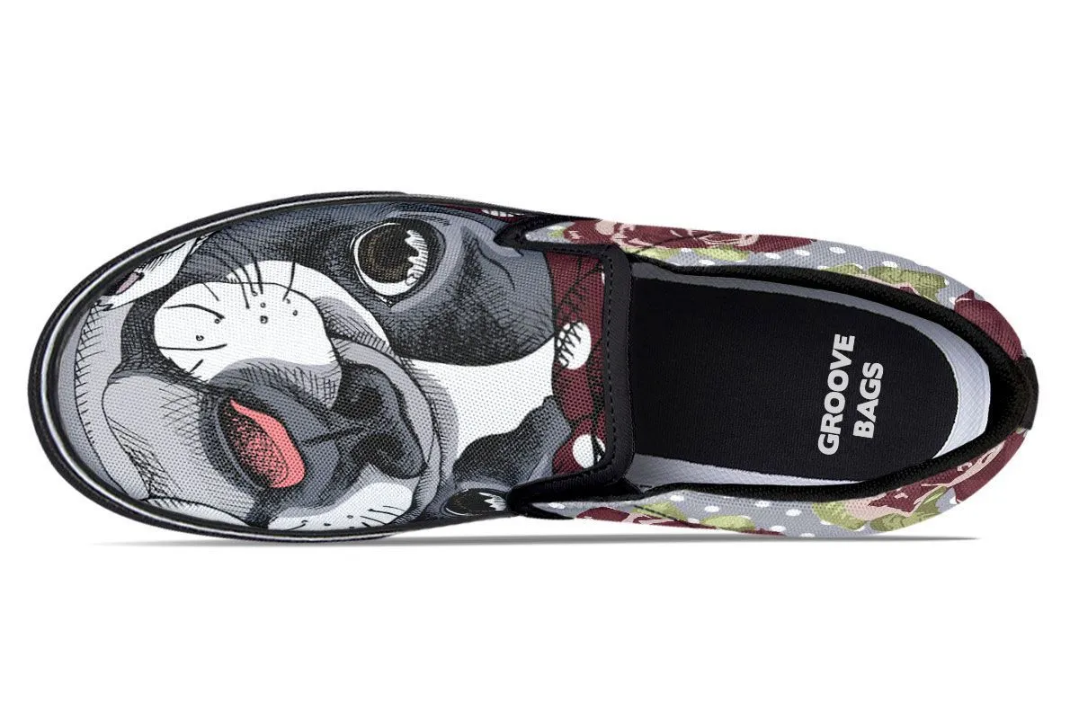 Floral Boston Terrier Dark Red Slip-On Shoes
