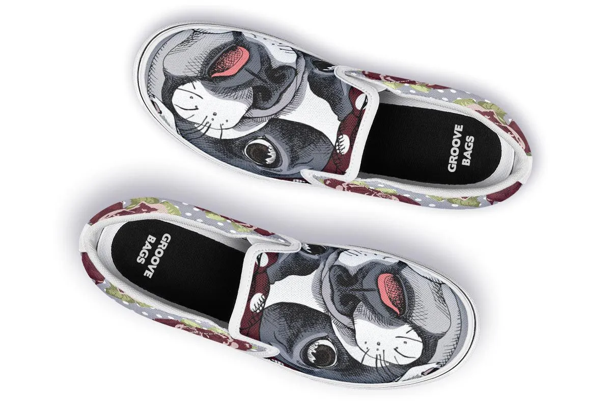 Floral Boston Terrier Dark Red Slip-On Shoes