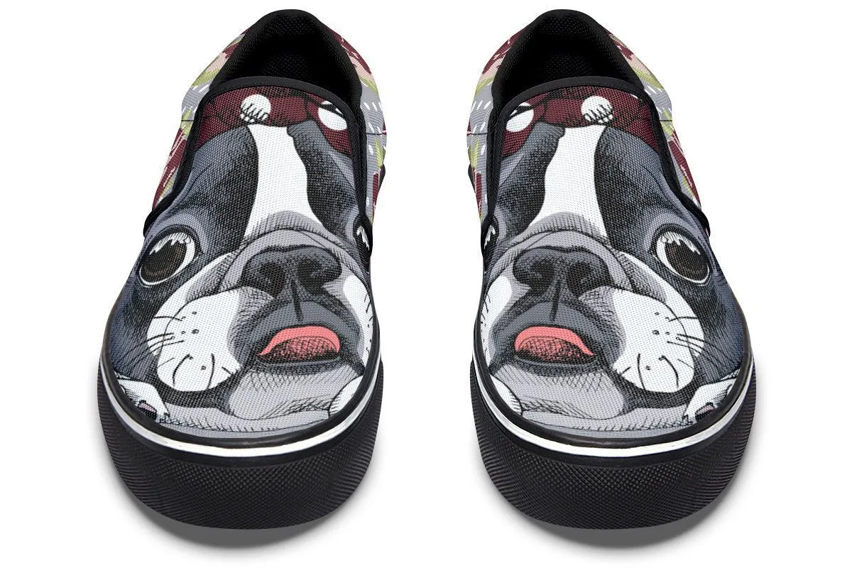 Floral Boston Terrier Dark Red Slip-On Shoes