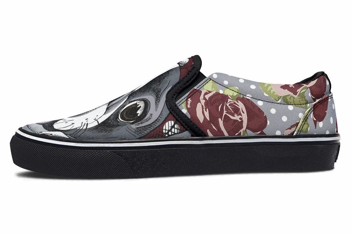 Floral Boston Terrier Dark Red Slip-On Shoes