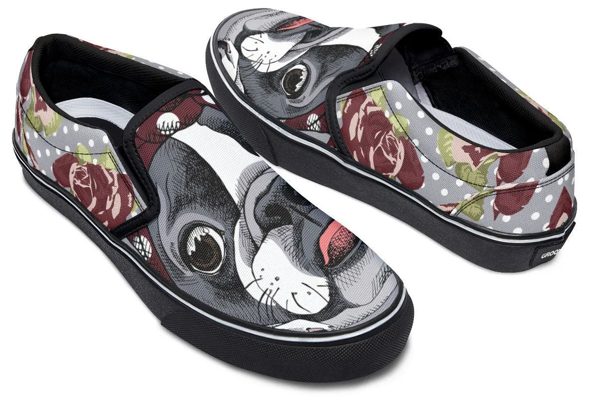Floral Boston Terrier Dark Red Slip-On Shoes