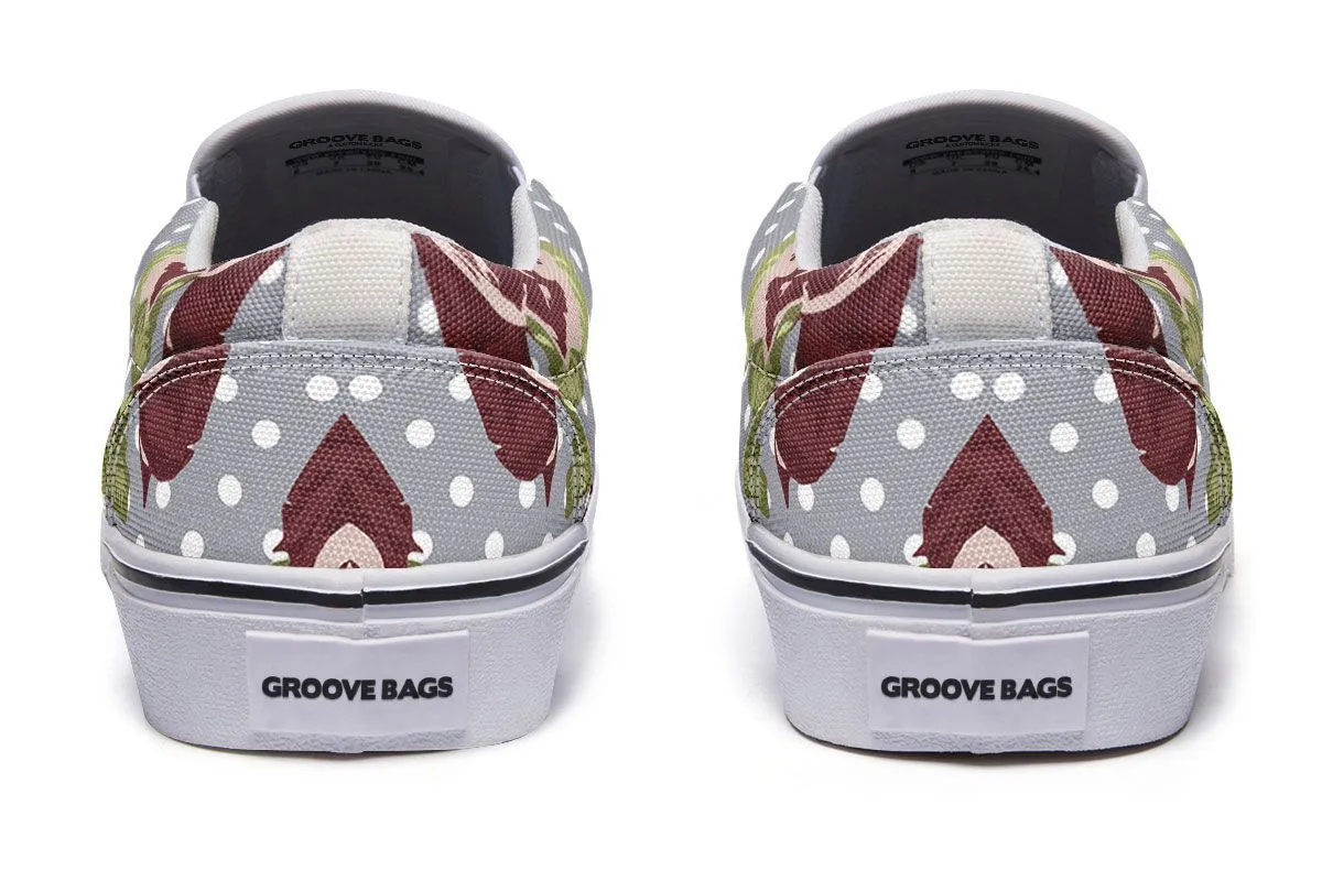 Floral Boston Terrier Dark Red Slip-On Shoes