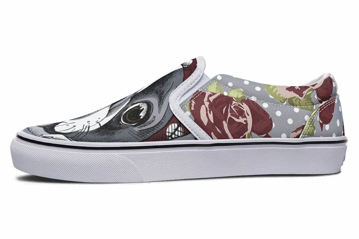 Floral Boston Terrier Dark Red Slip-On Shoes