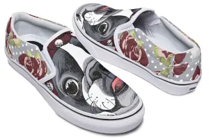 Floral Boston Terrier Dark Red Slip-On Shoes