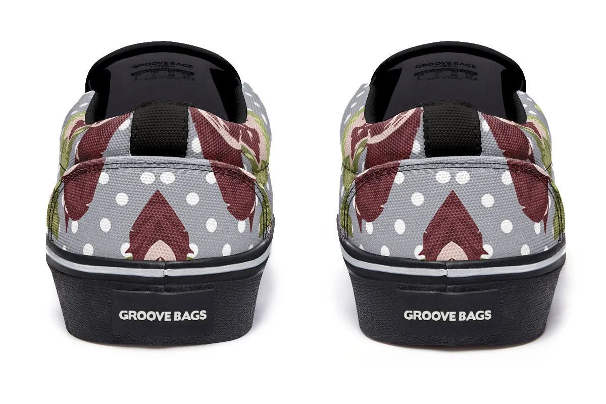 Floral Boston Terrier Dark Red Slip-On Shoes