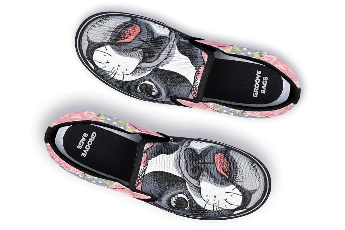 Floral Boston Terrier Pink Slip-On Shoes