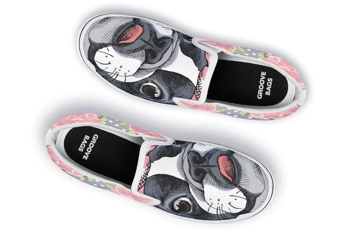 Floral Boston Terrier Pink Slip-On Shoes