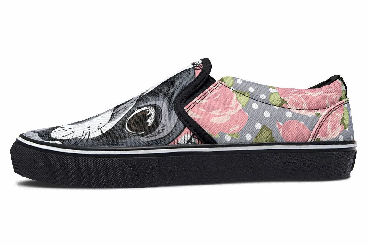 Floral Boston Terrier Pink Slip-On Shoes