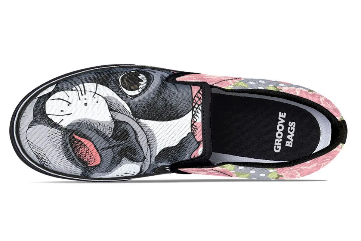 Floral Boston Terrier Pink Slip-On Shoes