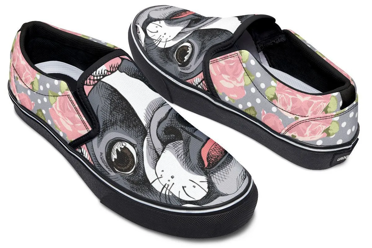 Floral Boston Terrier Pink Slip-On Shoes