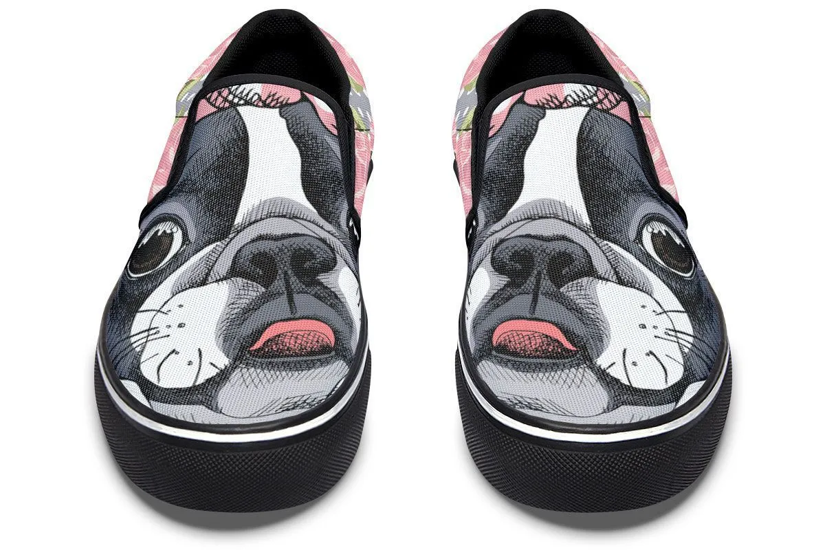 Floral Boston Terrier Pink Slip-On Shoes