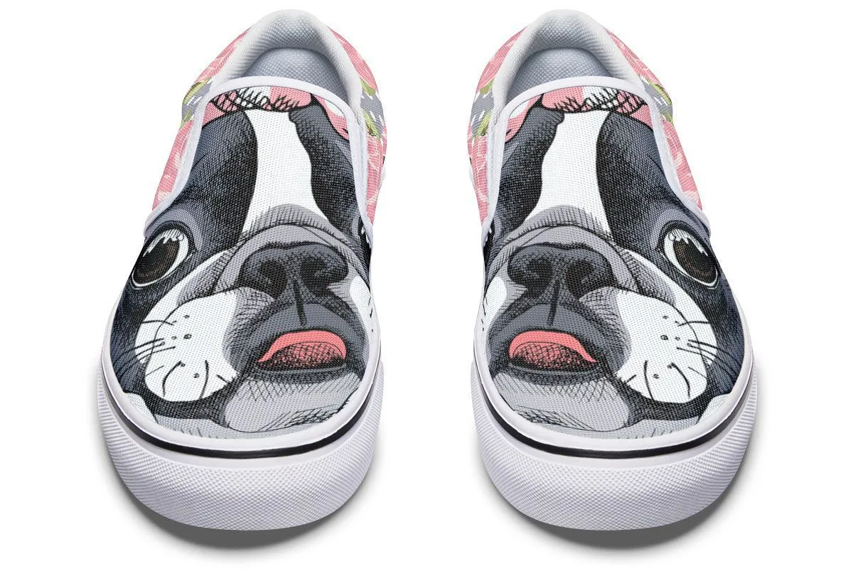 Floral Boston Terrier Pink Slip-On Shoes